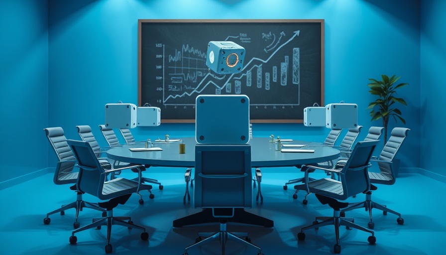 Futuristic setup of AI notetakers around a business conference table.