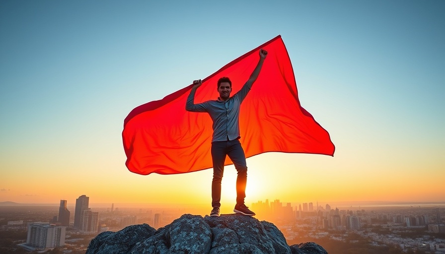 Dynamic image of man with red flag atop peak symbolizing achievement.