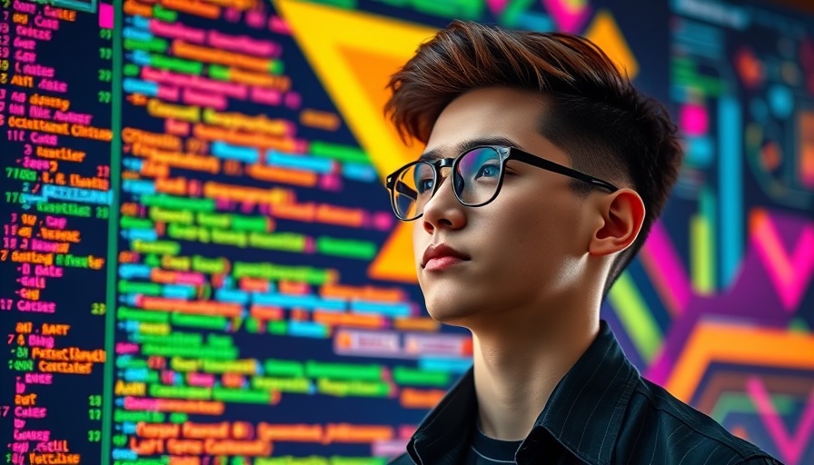 Man observing coding interface, tech background, abstract design.