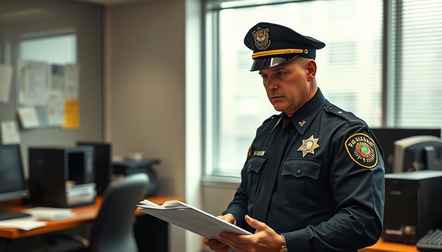 Police officer reviewing documents for police accountability.