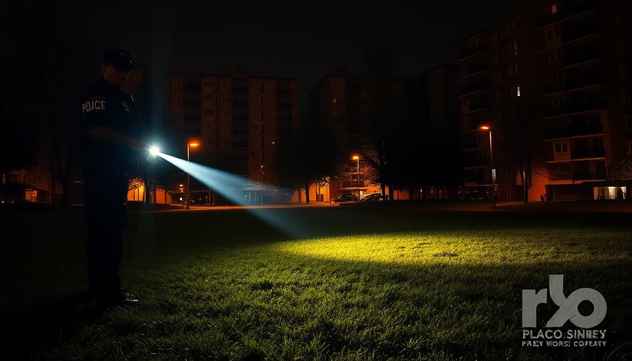 Nighttime scene captured by police body cam with flashlight.