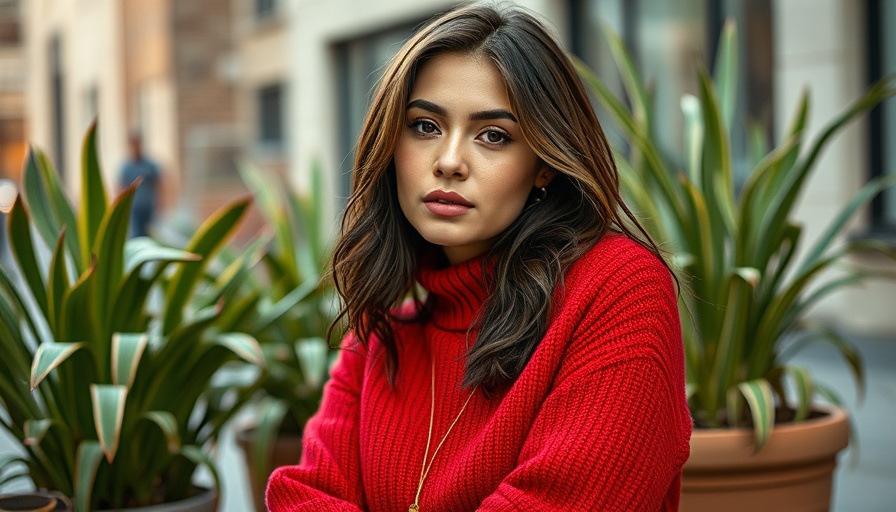Confident woman on magazine cover, relaxed in red sweater.