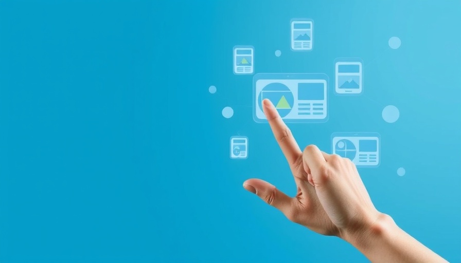 Hand clicking on digital ads in blue and white theme.