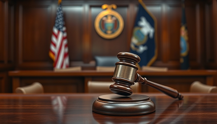 Courtroom gavel symbolizing legal context, with flags in background.