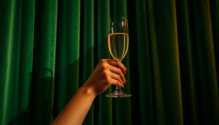 Celebratory hand with champagne glass through curtains, luxurious setting.