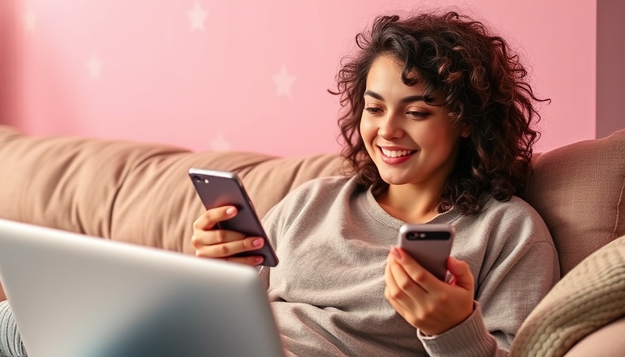 Young woman relaxing with laptop and phone in a playful setting.