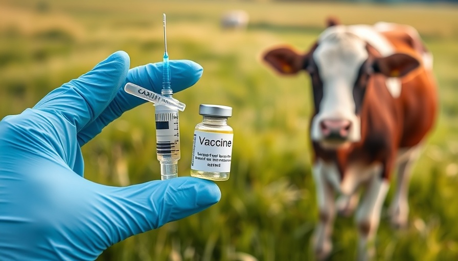 Vaccination concept with syringe and cow in field for universal influenza vaccine for cattle.
