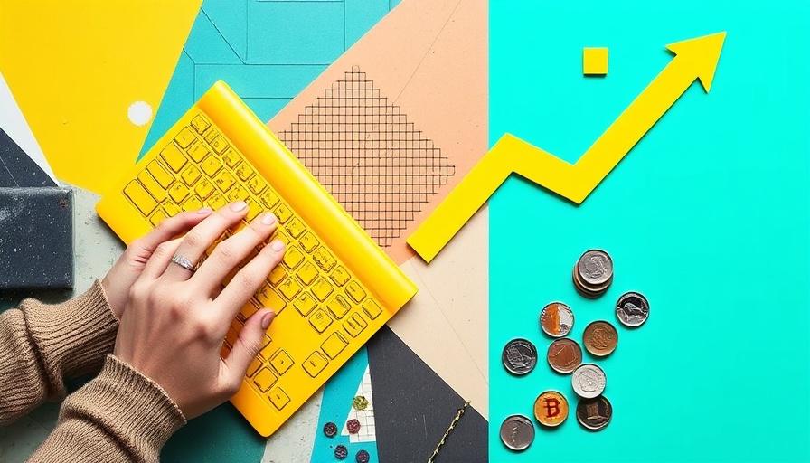 Colorful collage showing typing hands, coins, and a digital arrow.