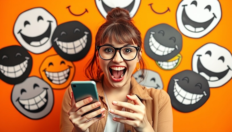 Woman with smartphone excited about best CRMs for dental practices, orange backdrop.