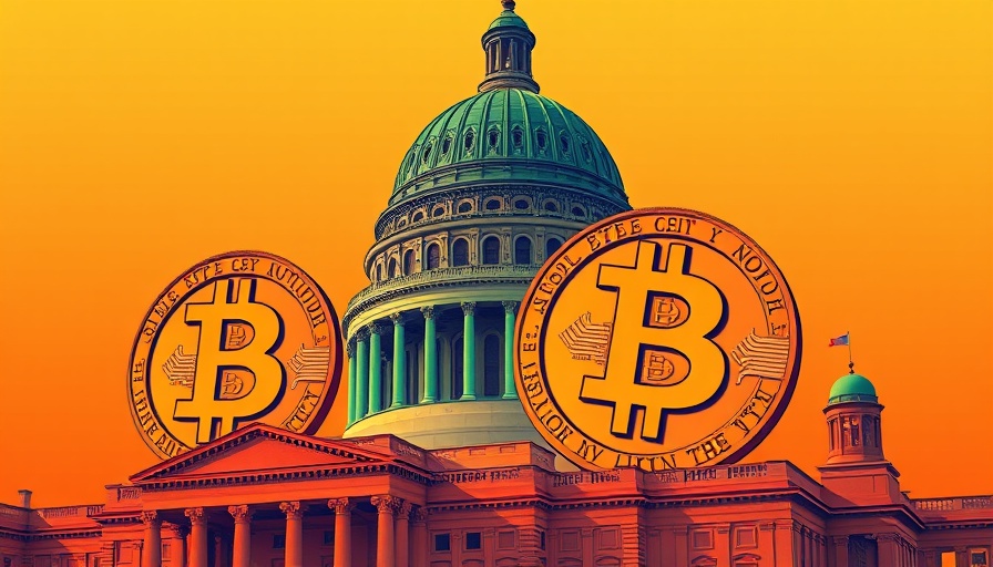 Capitol dome with Bitcoin symbols in an orange background, symbolizing Veterinary Clinics and Cryptocurrency.