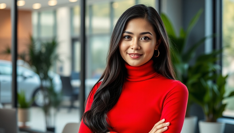 Confident woman in red turtleneck, crypto insights for business owners.