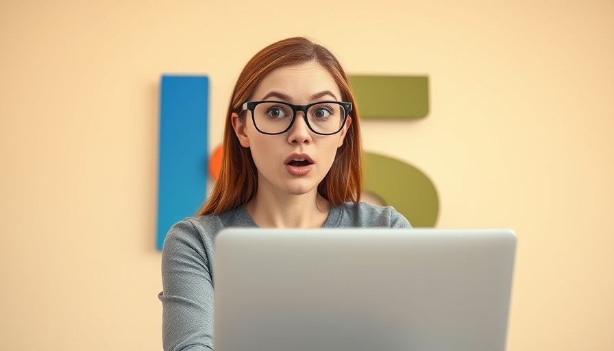 Surprised woman reacts to Core Web Vitals reporting glitch on laptop.