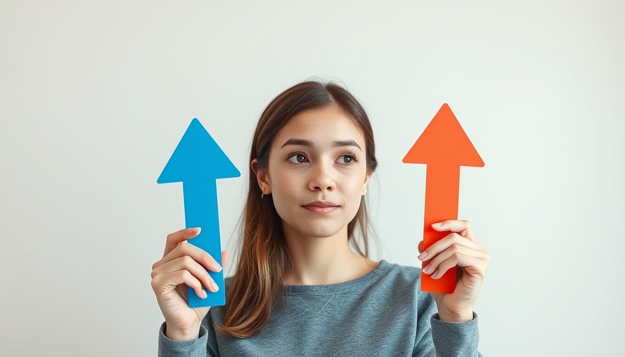 Thoughtful woman in comparison mode illustration with arrows.