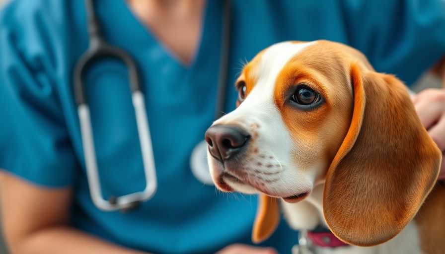 Veterinarian examines attentive beagle during canine combination immunotherapy.