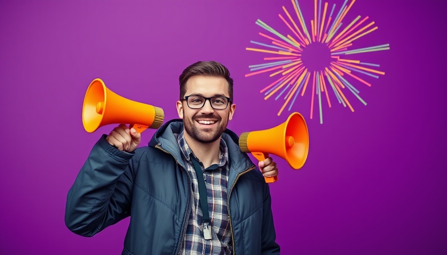 LinkedIn strategy illustration with a man, megaphone, and thumbs-up on purple background.