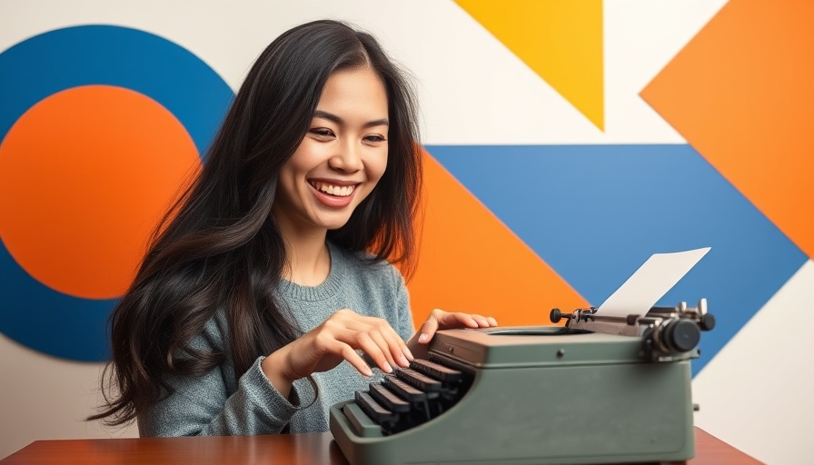 Smiling woman uses vintage typewriter with colorful background in modern style.