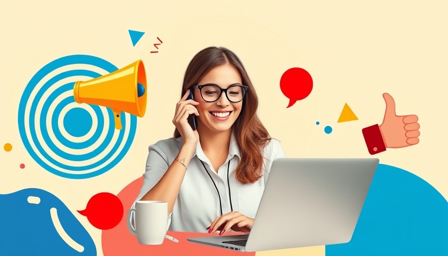 Cheerful woman in colorful collage using laptop for social media CRMs.
