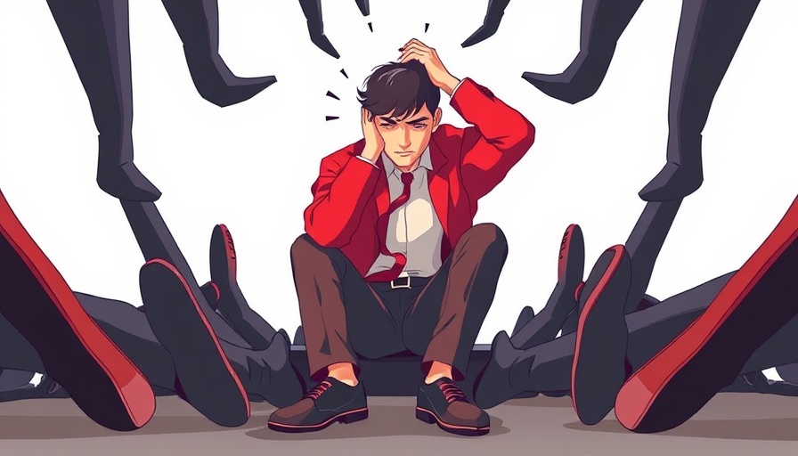Illustration of mental health struggles in the workplace with person sitting overwhelmed