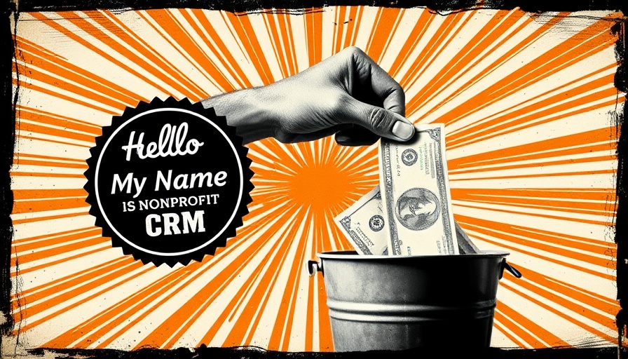 Hand donating money into bucket labeled 'DONATE', vintage style with CRM badge.