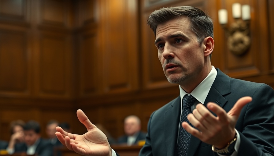 Focused individual in formal attire gesturing in a courtroom, police accountability discussion.