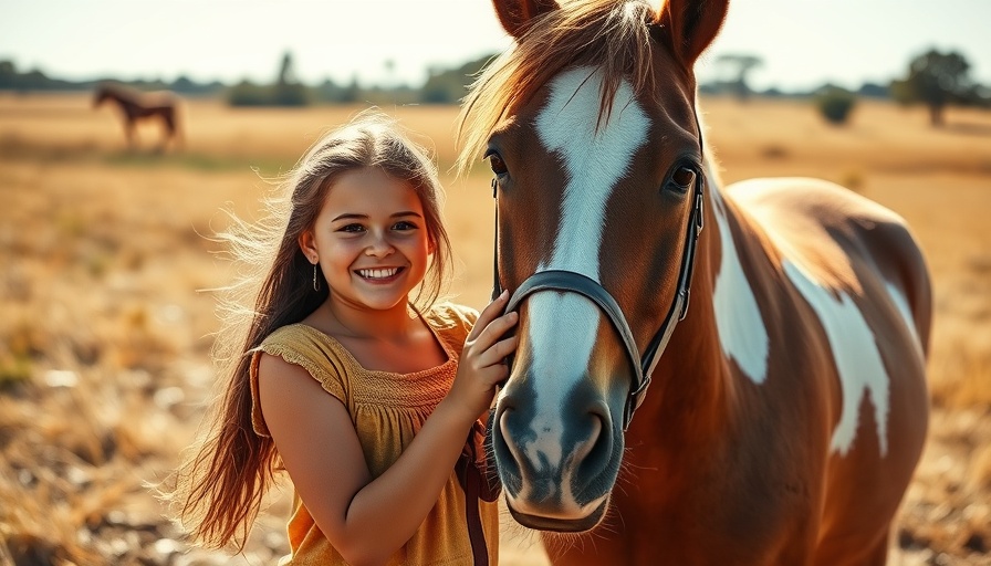 Young girl with horse in rural field under bright sun.