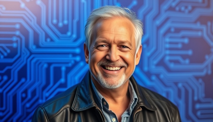 Portrait of a smiling mature man with digital circuit background, blue tone.