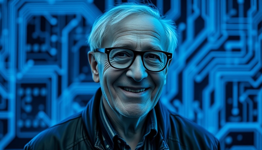Monochrome portrait in blue of an older man smiling, AI chips theme.