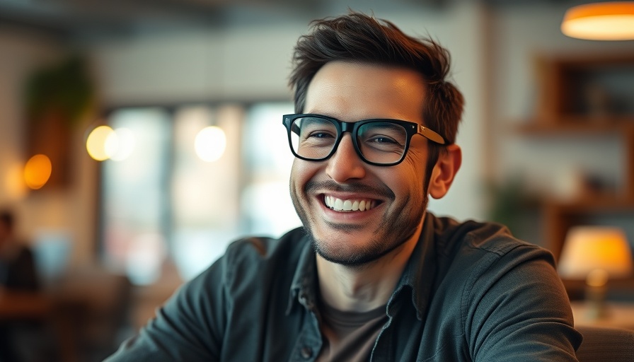Smiling man in glasses with Mailchimp logo overlay.
