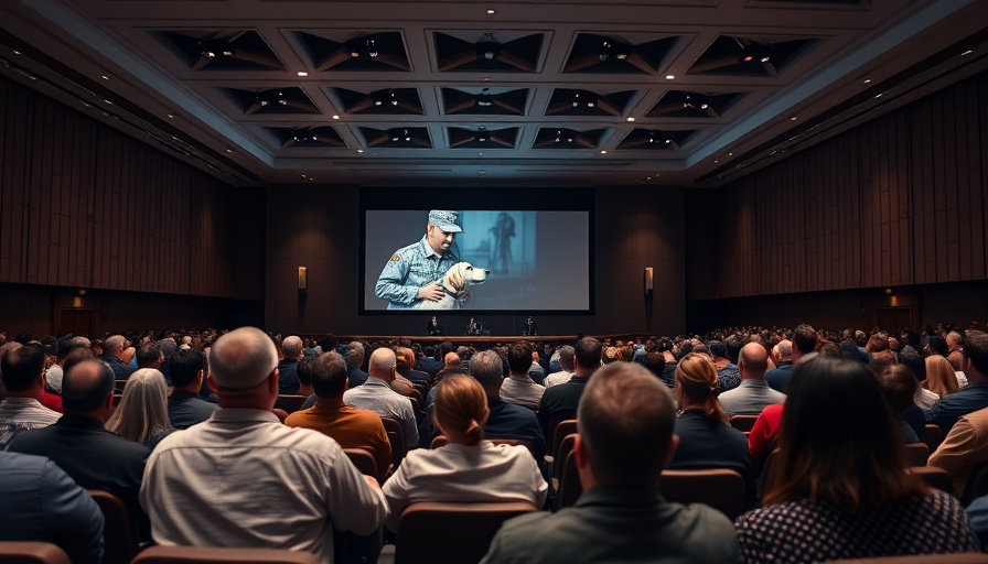 Veterans and their service dogs presentation in a conference hall.