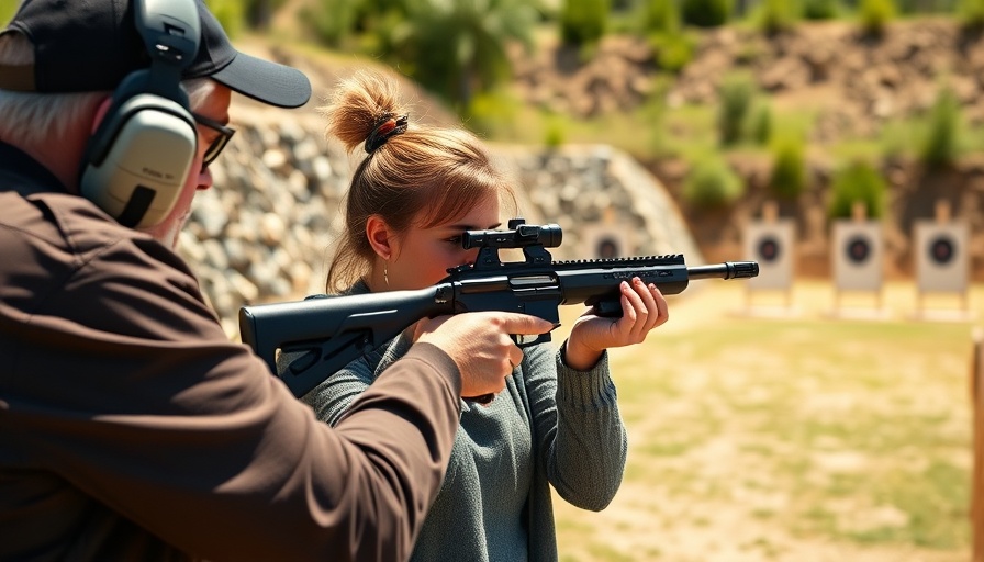 Woman in law enforcement training with instructor at shooting range outdoors.