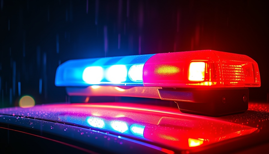 Close-up of police car's flashing lights in rain, emphasizing accountability.