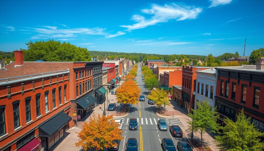 Bustling small-town street with historic buildings.