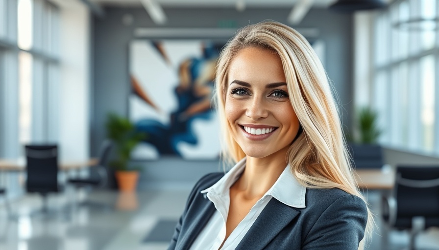Professional woman in office setting with abstract art background.