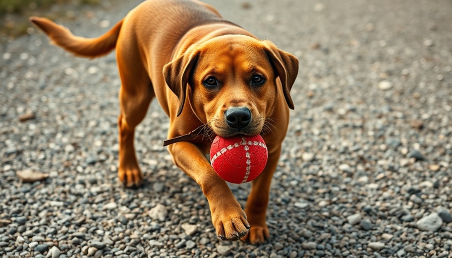 Labrador retriever playing with a red toy on gravel