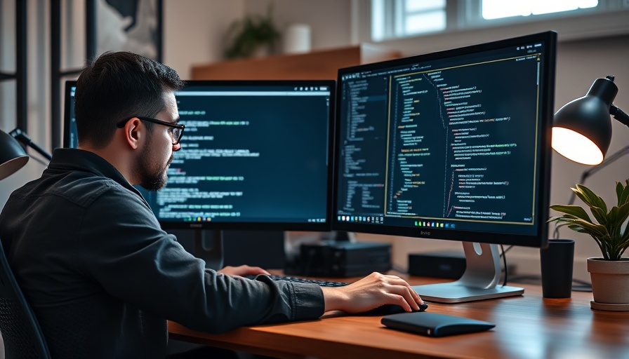 Software developer focused on coding at dual monitors, illustrating CSS class names and SEO impact.