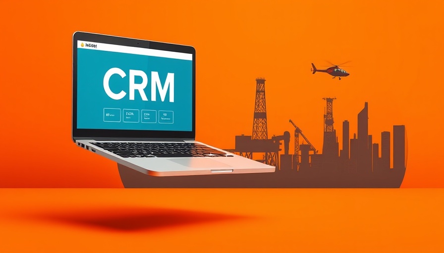 Laptop with CRM software over oil rig illustration, Best CRMs for Oil and Gas Businesses.