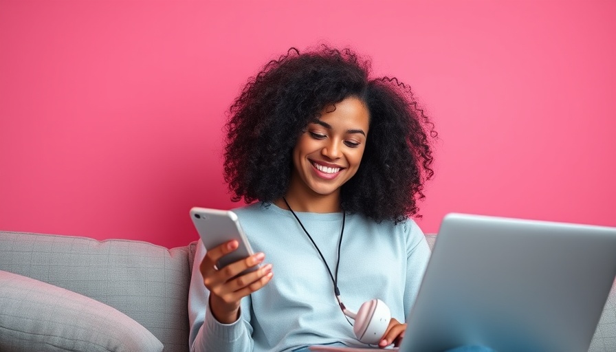 Woman using a smartphone on sofa for social media approval workflow.