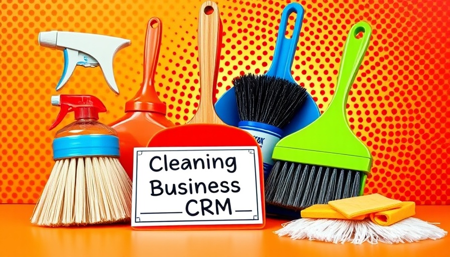 Pop art cleaning supplies with CRM tag, vibrant background.