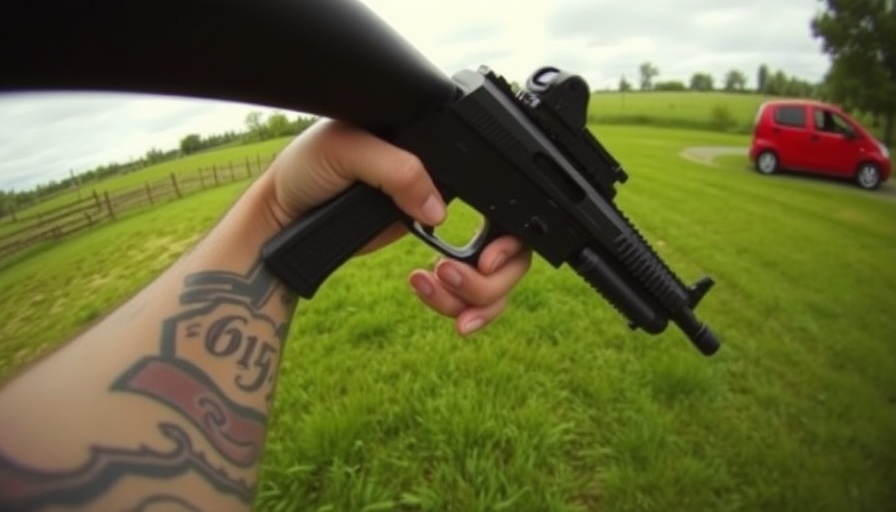 Tattooed arm holding firearm in rural setting, police shootings scene.