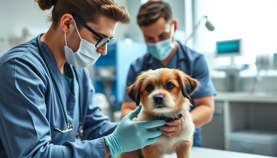 Veterinarians examining a dog, linked with rising pet food prices.