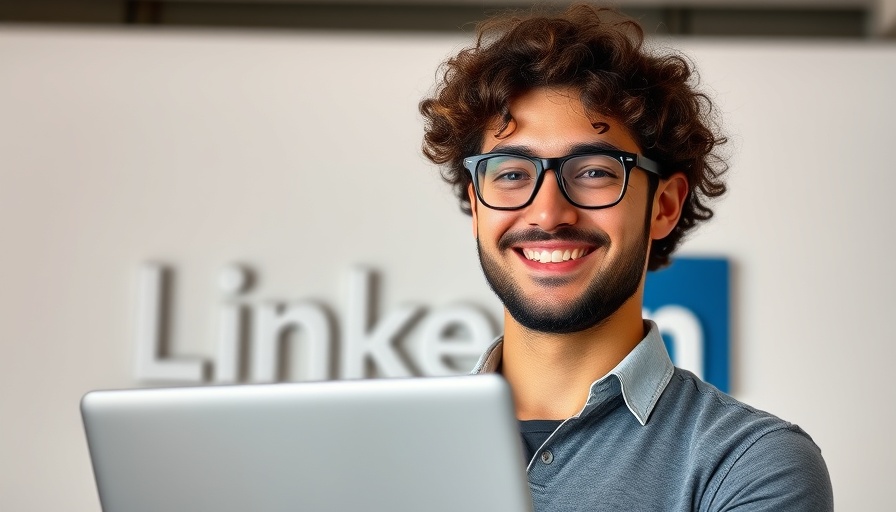 Smiling man holding laptop with LinkedIn logo in background.