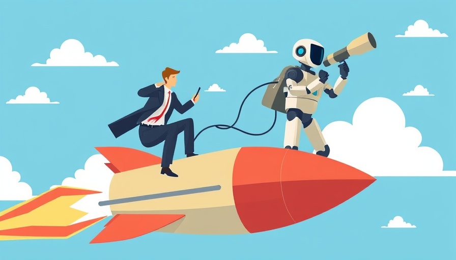 Illustration of a businessperson and robot on a rocket exploring, symbolizing AI exploration differences.