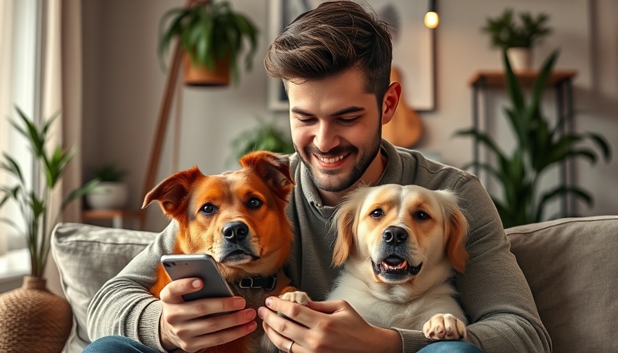 Man using Instagram Explore, holding dog, relaxed home setting.