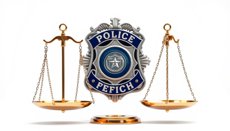 Minimalistic police reform concept with badge and scales on white background.