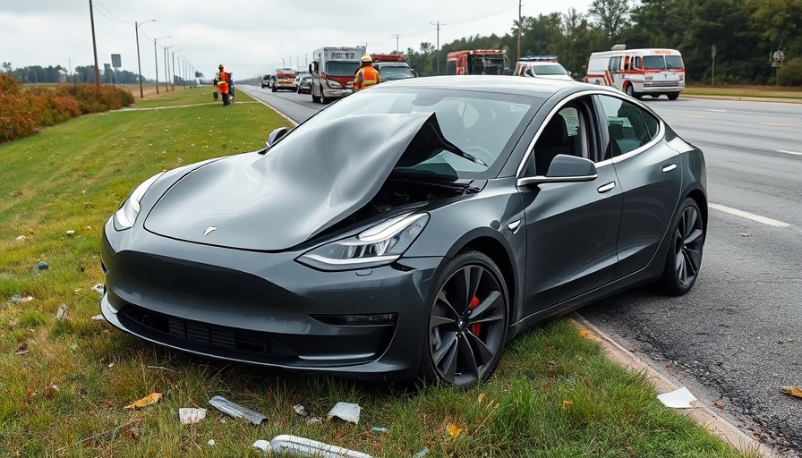Tesla Autopilot crash damages on roadside with debris and responders.