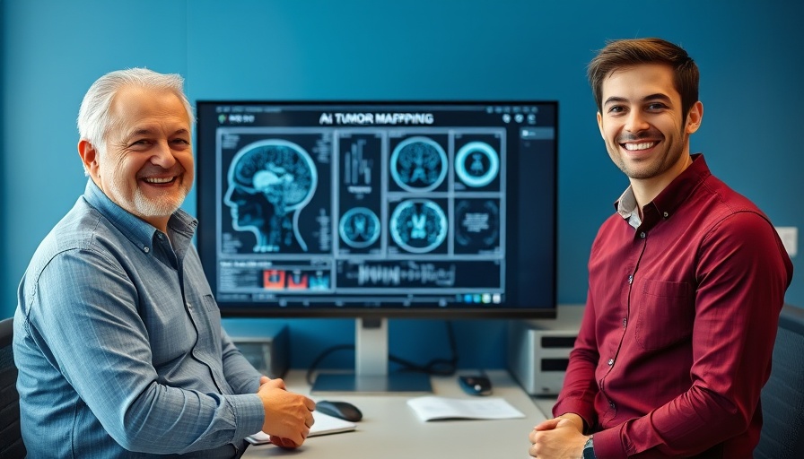 Experts showcasing AI technology in tumor mapping on a screen.