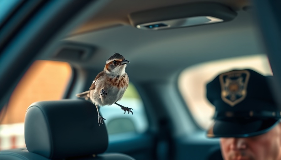 Curious bird and police officer in vehicle - police news.