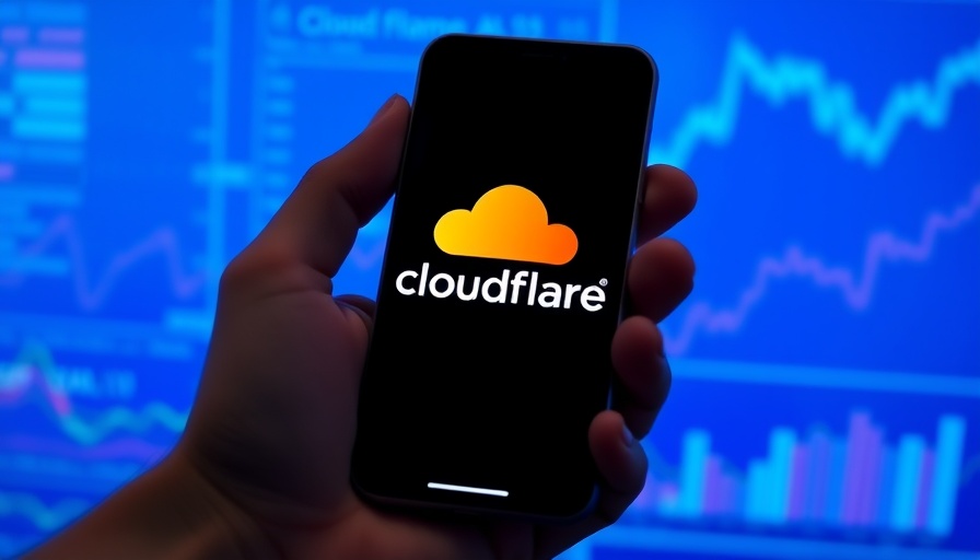 Smartphone showing Cloudflare logo over blue graph background.