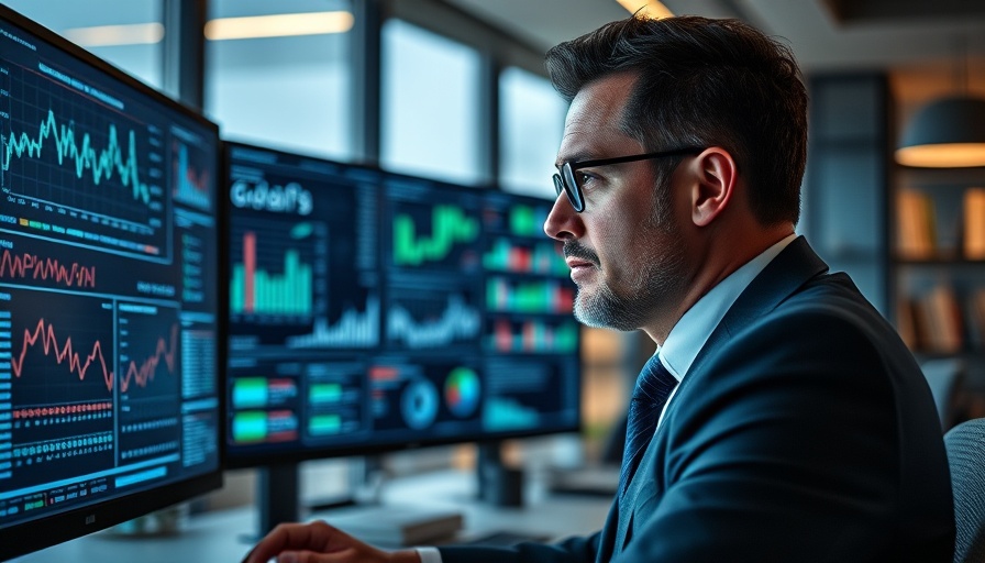 Business leader analyzing data on screens in a high-tech office.