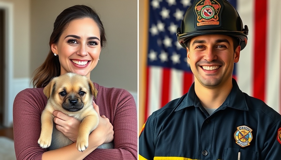 Smiling woman with puppy and uniformed firefighter in front of flag.